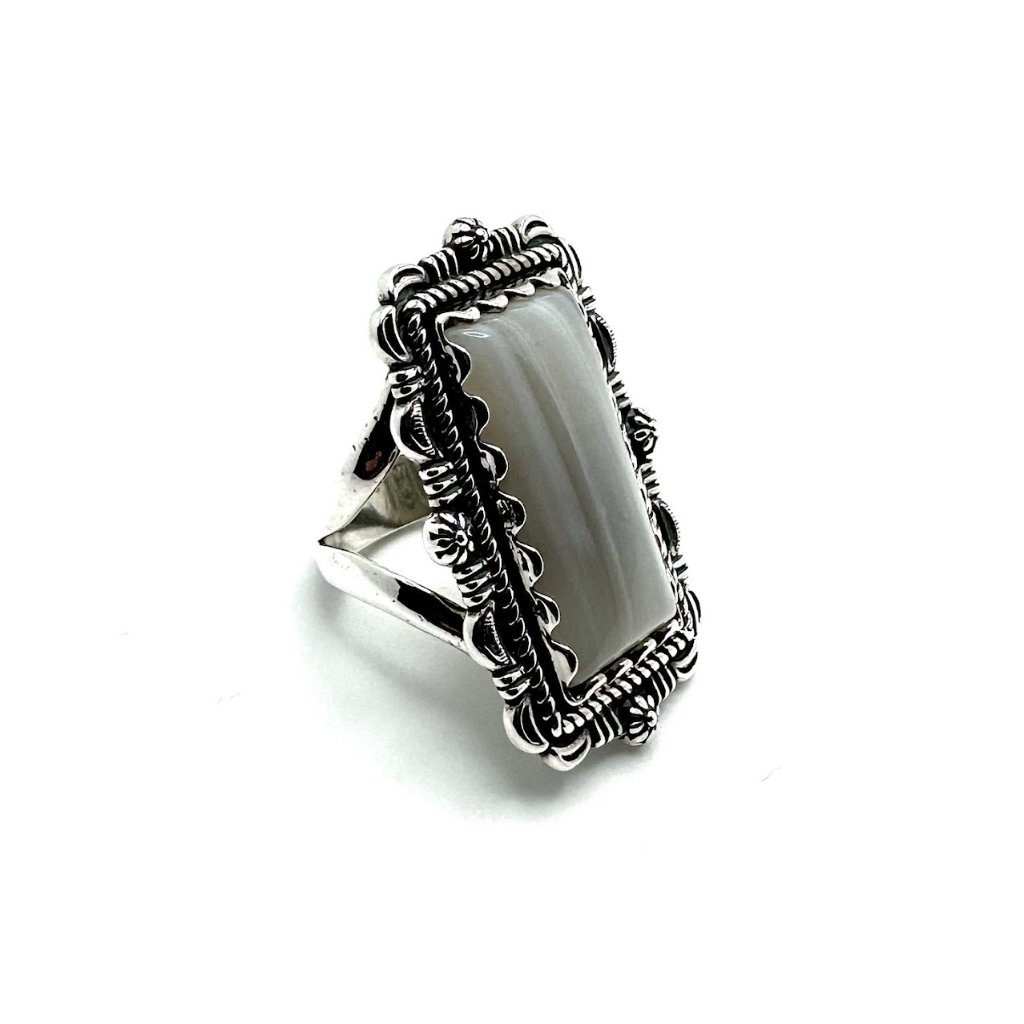 American West Sterling Silver Rectangular Gray Agate Gemstone Cocktail Ring